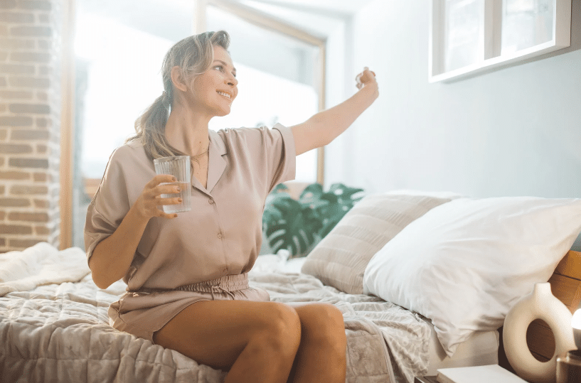 woman sitting on the side of a bed